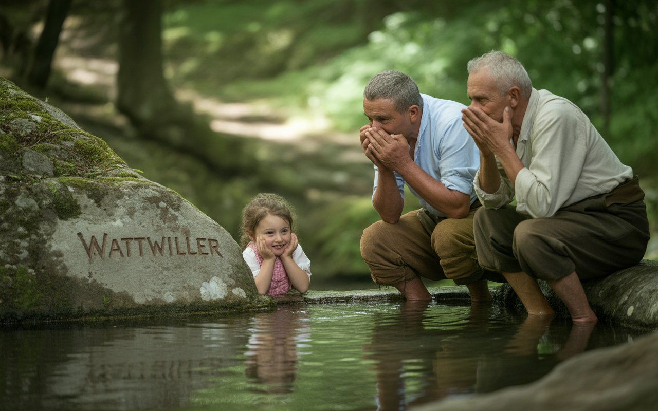 Deux hommes et une petite fille souriante, au bord d'un ruisseau, avec une pierre portant l'inscription "WATTWILLER". Nature verdoyante en arrière-plan.