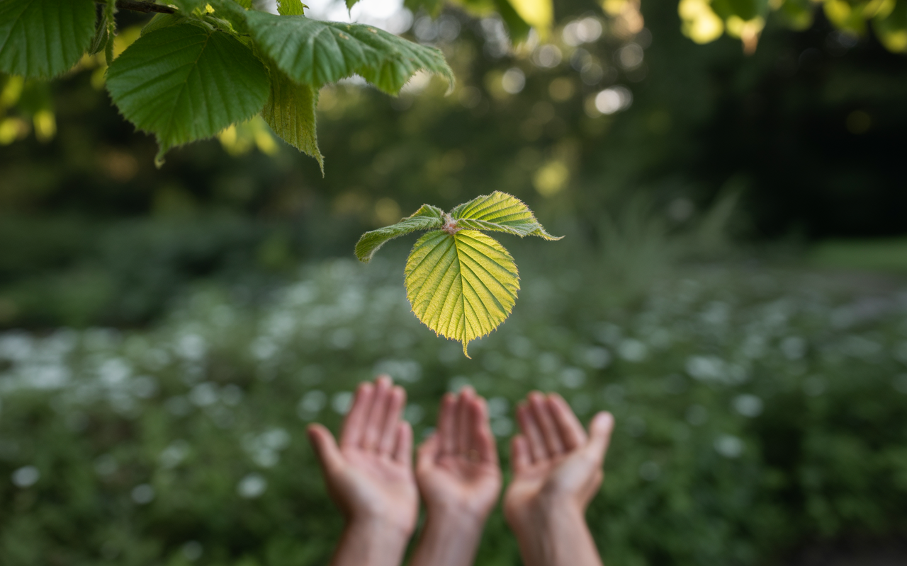 Des mains ouvertes se dirigent vers une feuille verte flottant dans un jardin, avec un flou d'arrière-plan floral.