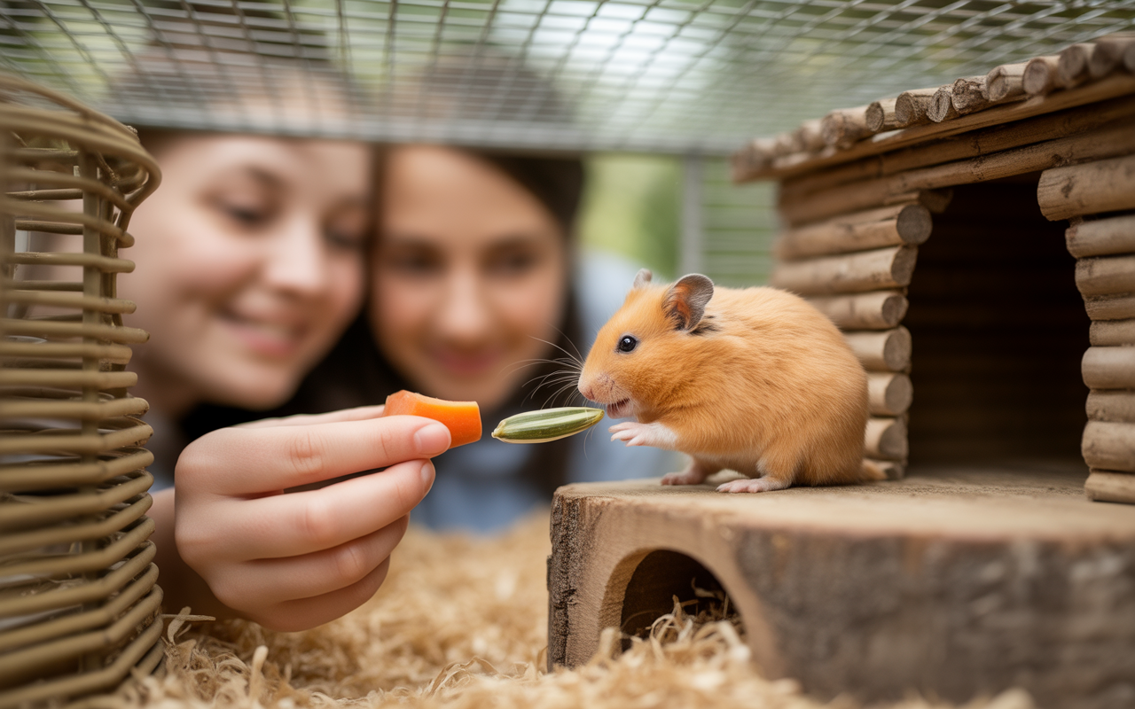 Deux jeunes filles nourrissent un hamster marron avec une friandise, dans une cage en paille, entourées de copeaux de bois.