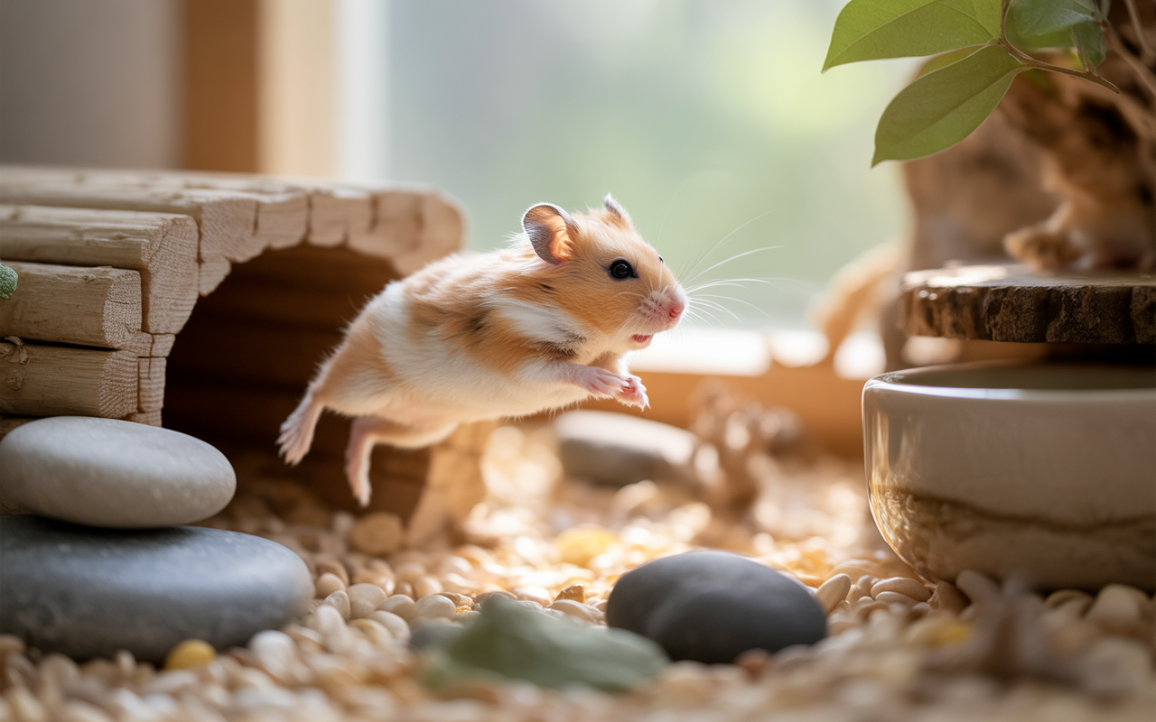 Un hamster sautant joyeusement depuis une petite cabane en bois, entouré de pierres et de décorations naturelles. Lumière douce.