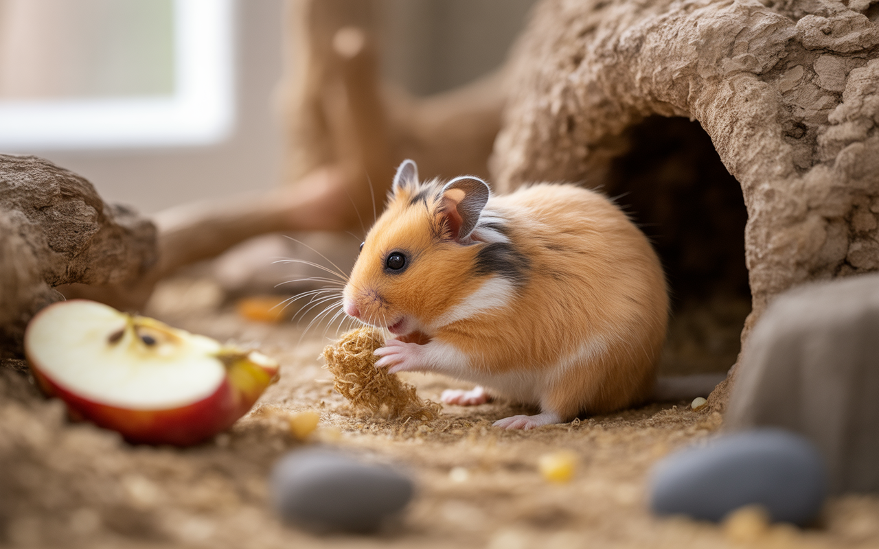 Un hamster doré mange un morceau de nourriture dans un habitat naturel, entouré de bois, de pierres et d'une pomme.