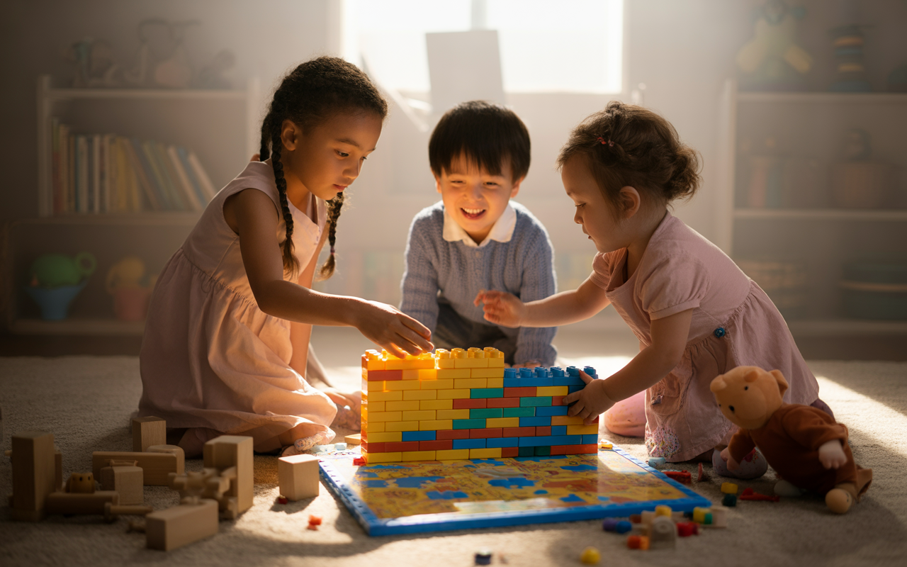 Trois enfants jouent ensemble sur un tapis, construisant une muraille colorée en blocs, entourés de jouets en bois.