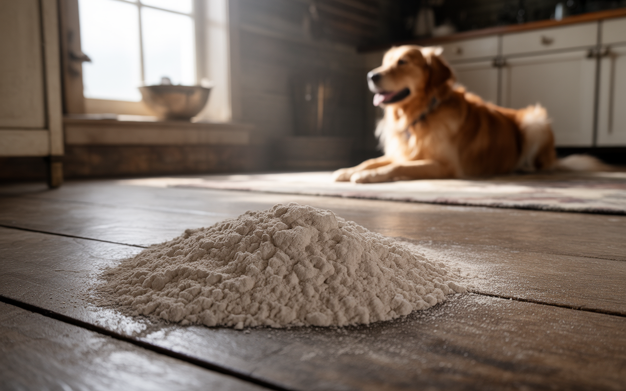 Un tas de farine sur un sol en bois, avec un chien doré allongé en arrière-plan dans une cuisine lumineuse.