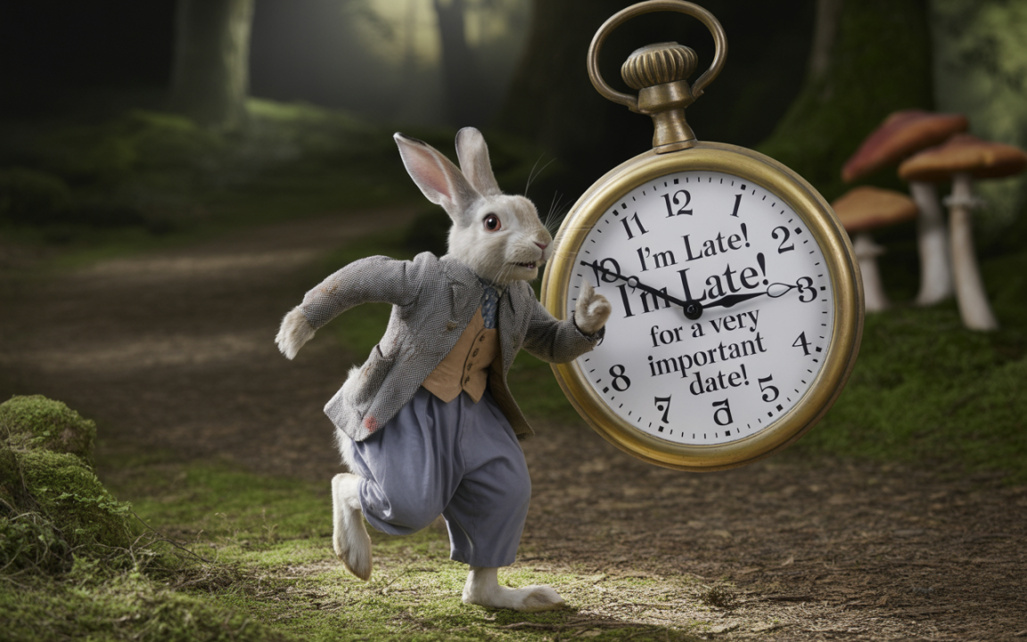 Lapin blanc courant dans une forêt, tenant une montre qui dit "Je suis en retard pour un rendez-vous important".