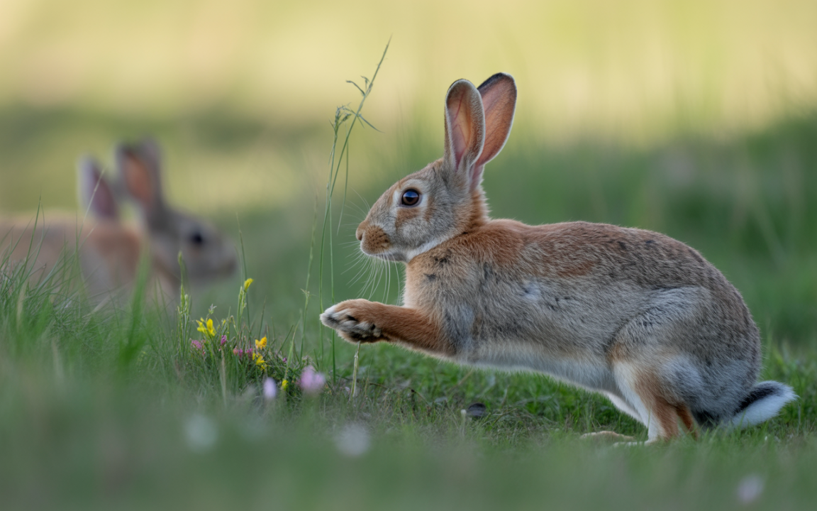Un lapin aux pelage brun saute dans un champ verdoyant, avec d'autres lapins flous en arrière-plan et des fleurs colorées.