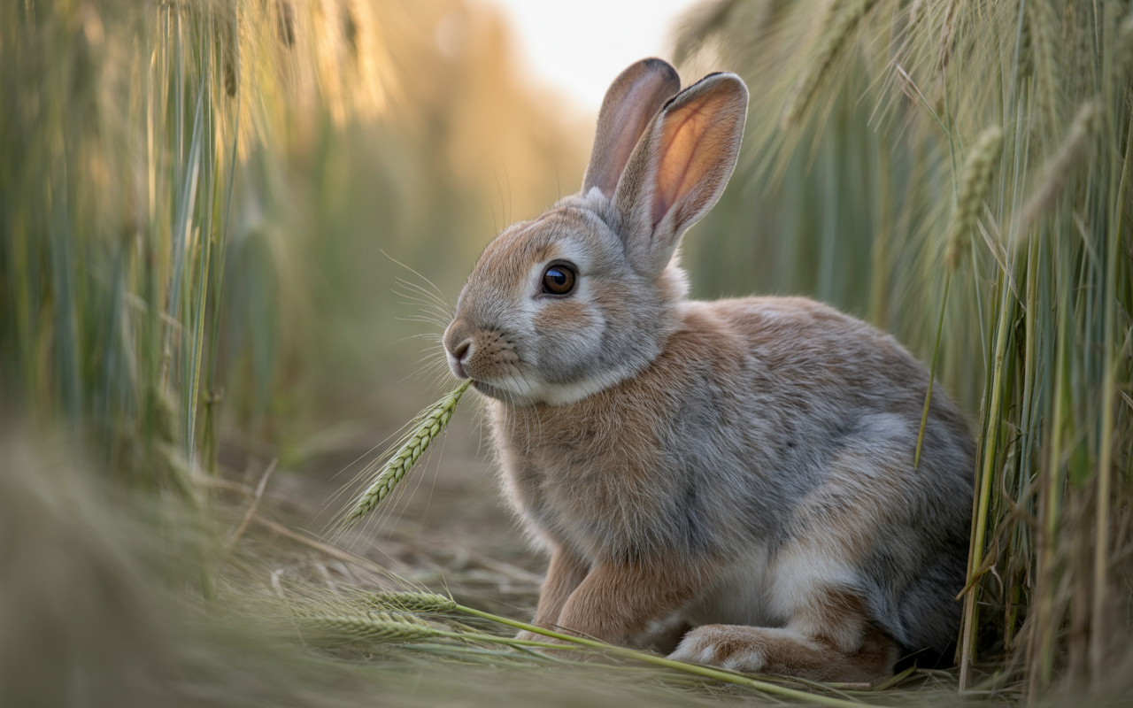 Un lapin mignon mange un brin de blé, entouré d'une verdure dorée lors d'un coucher de soleil.