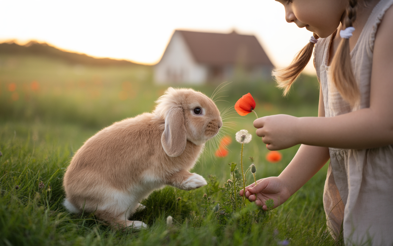 Un enfant offre une fleur à un lapin dans un champ ensoleillé, avec une maison floue en arrière-plan.