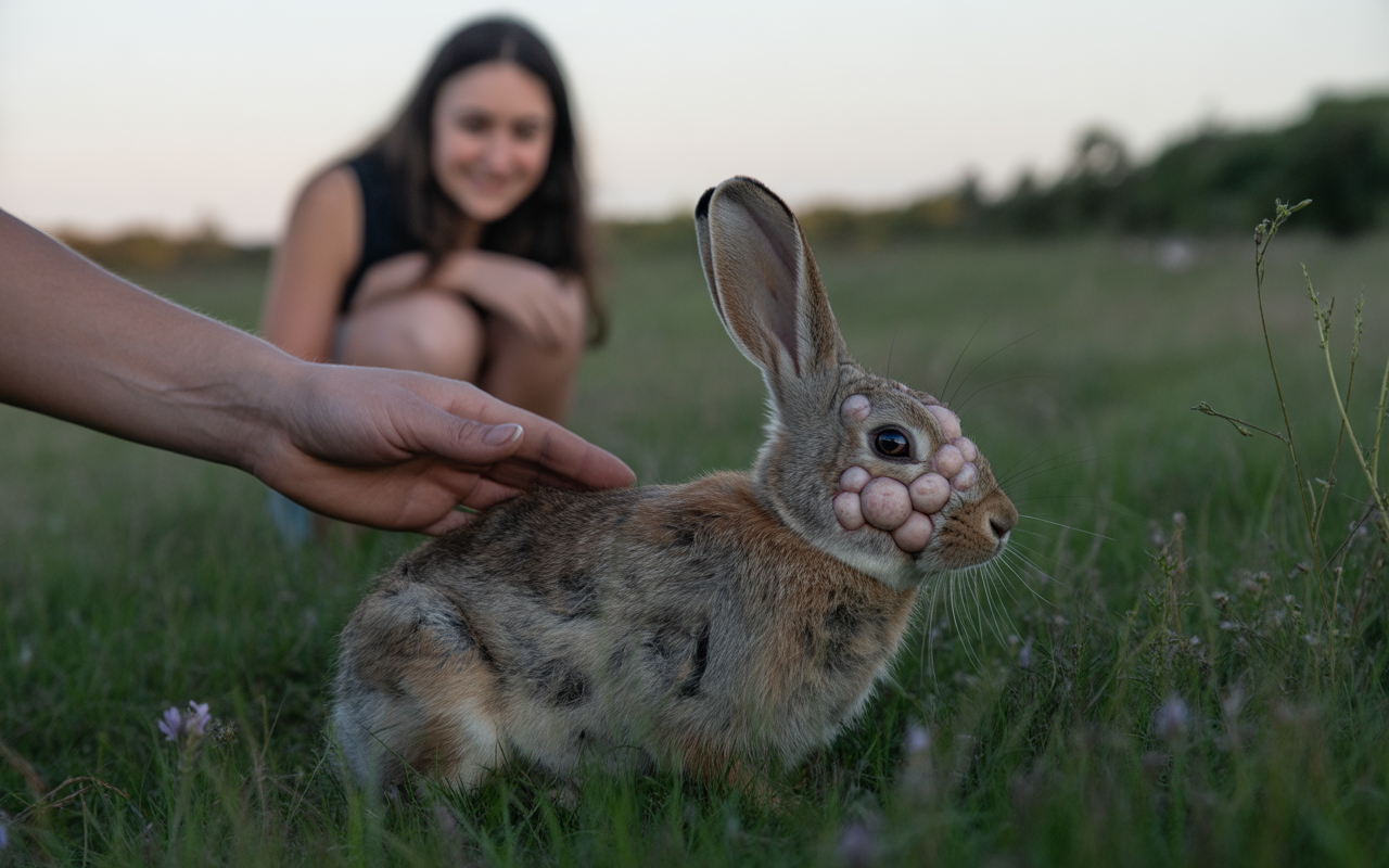 Un jeune homme caresse un lapin unique avec une tête inhabituelle, tandis qu'une fille sourit en arrière-plan dans un champ.