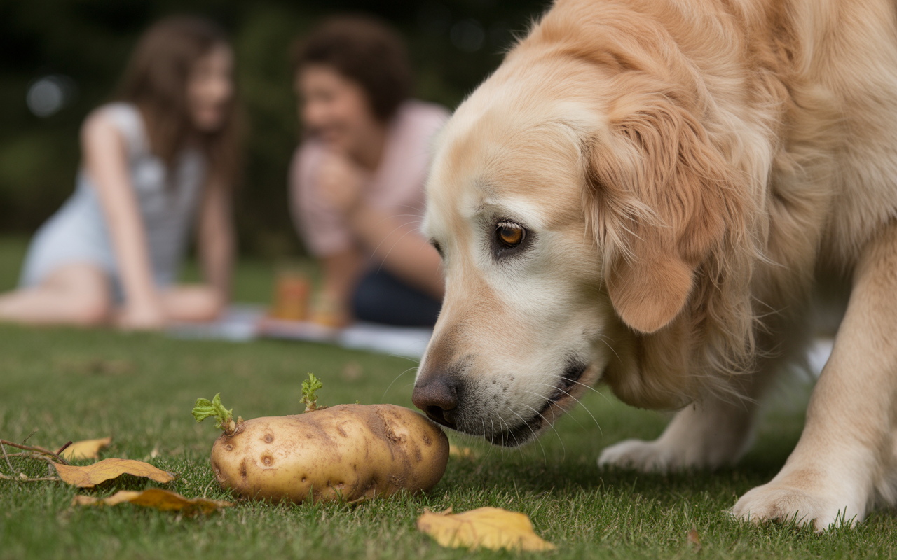 Un golden retriever renifle une pomme de terre sur l'herbe, tandis que deux personnes floues jouent en arrière-plan.