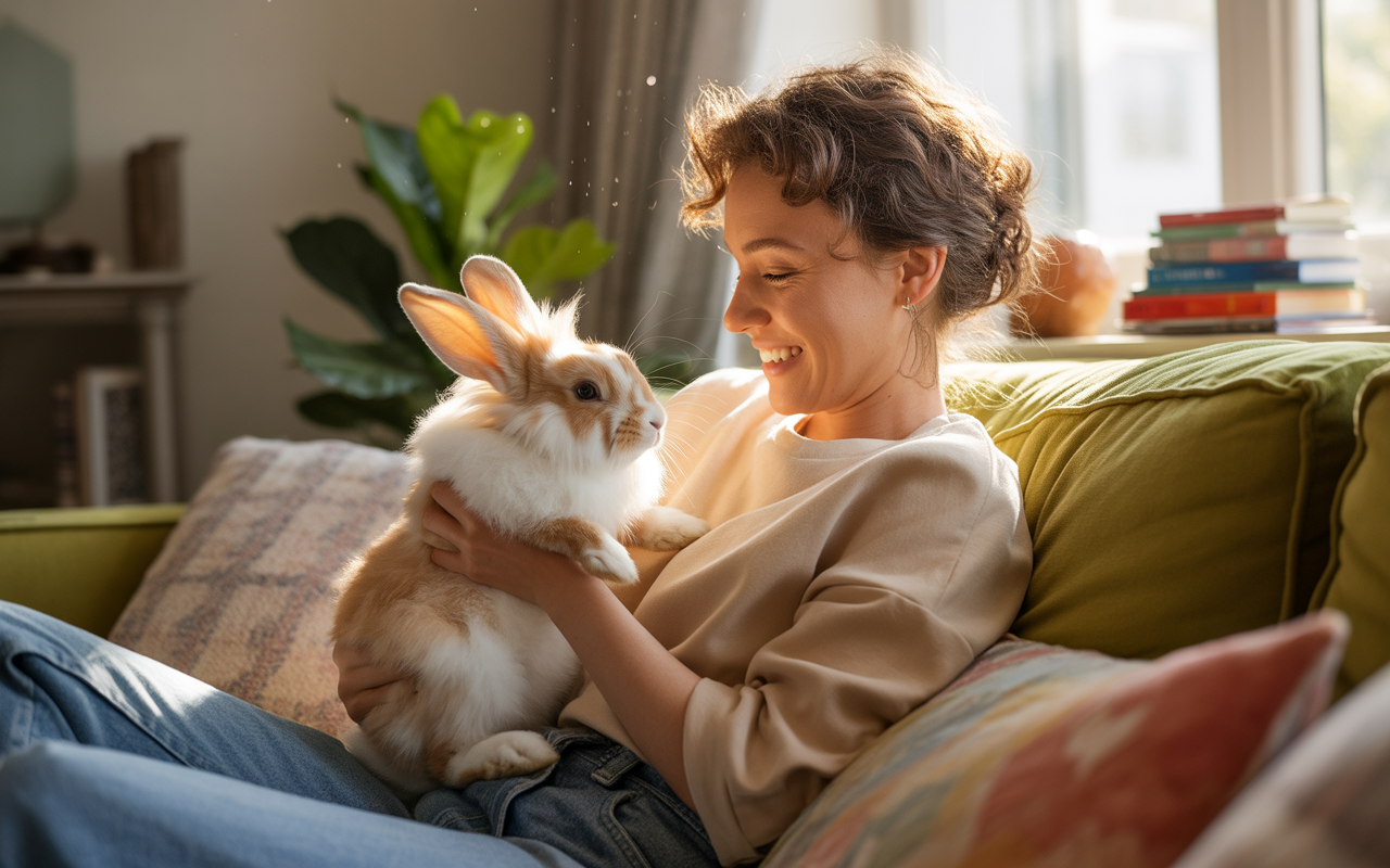 Une femme souriante est assise sur un canapé, tenant un lapin avec des oreilles longues, dans un intérieur lumineux.