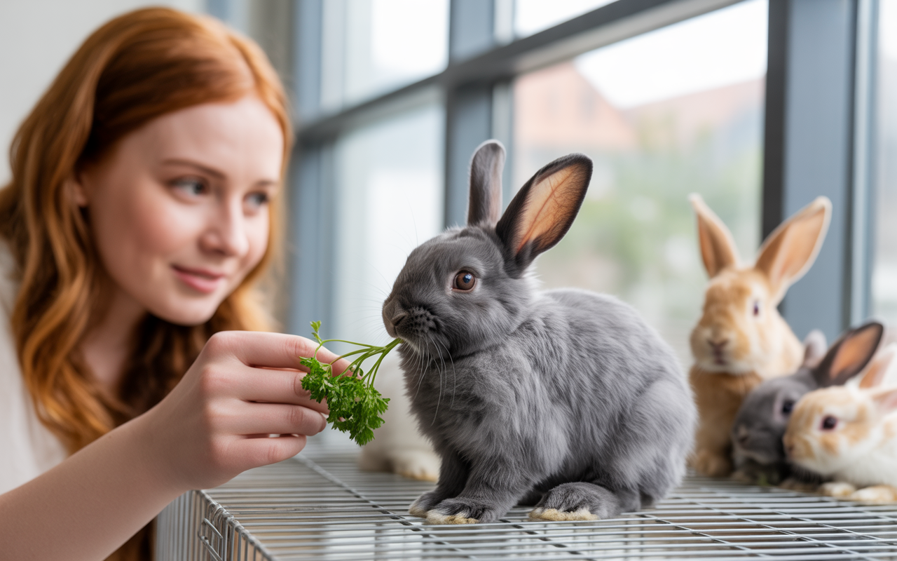 Une jeune femme donne du persil à un lapin gris dans une cage, entourée de plusieurs autres lapins.
