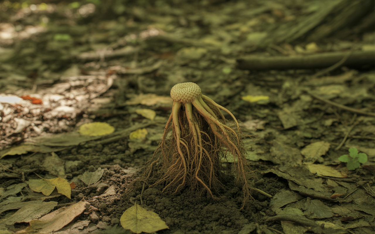 Champignon aux racines visibles émergeant du sol, entouré de feuilles mortes et de terre, dans un environnement forestier.