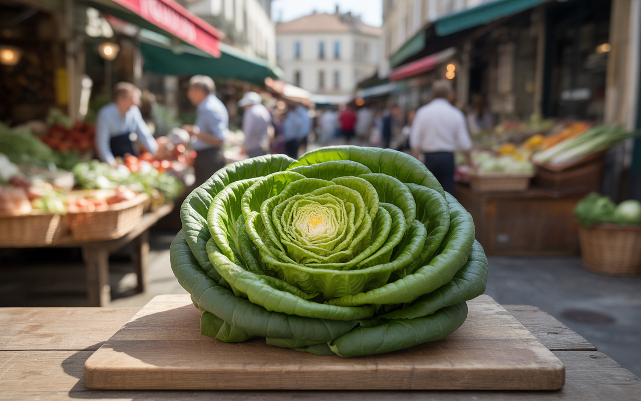 Laitue enrognée sur une planche en bois, avec un marché animé en arrière-plan. Fruits et légumes frais en étalage.