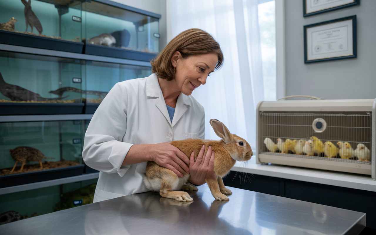 Vétérinaire en blouse blanche examinant un lapin sur une table avec des cages à l'arrière-plan contenant des oiseaux.