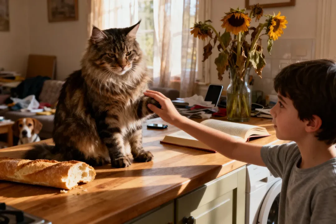 Enfant touchant un chat sur une table avec baguette, tournesols, et un chien en arrière-plan.
