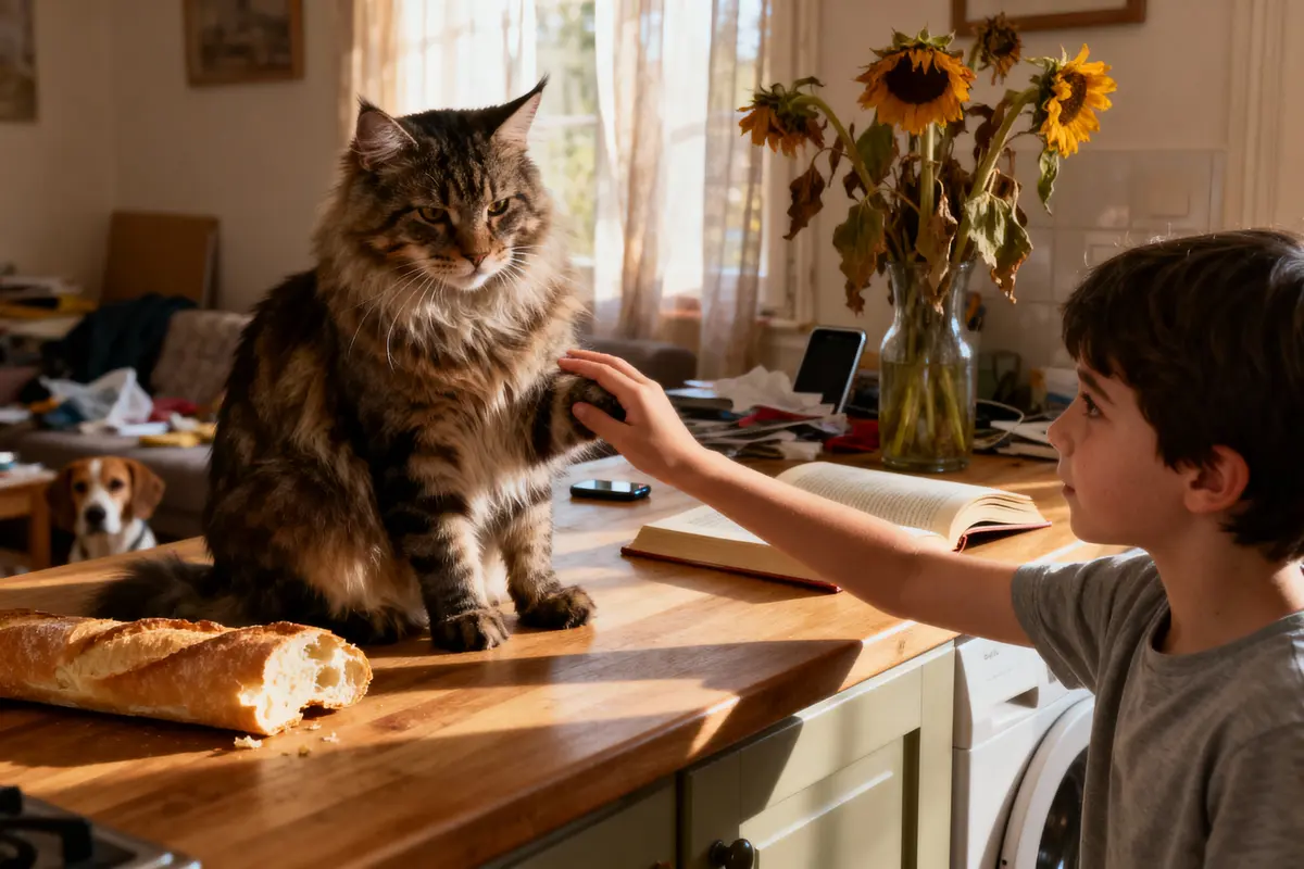 Enfant touchant un chat sur une table avec baguette, tournesols, et un chien en arrière-plan.