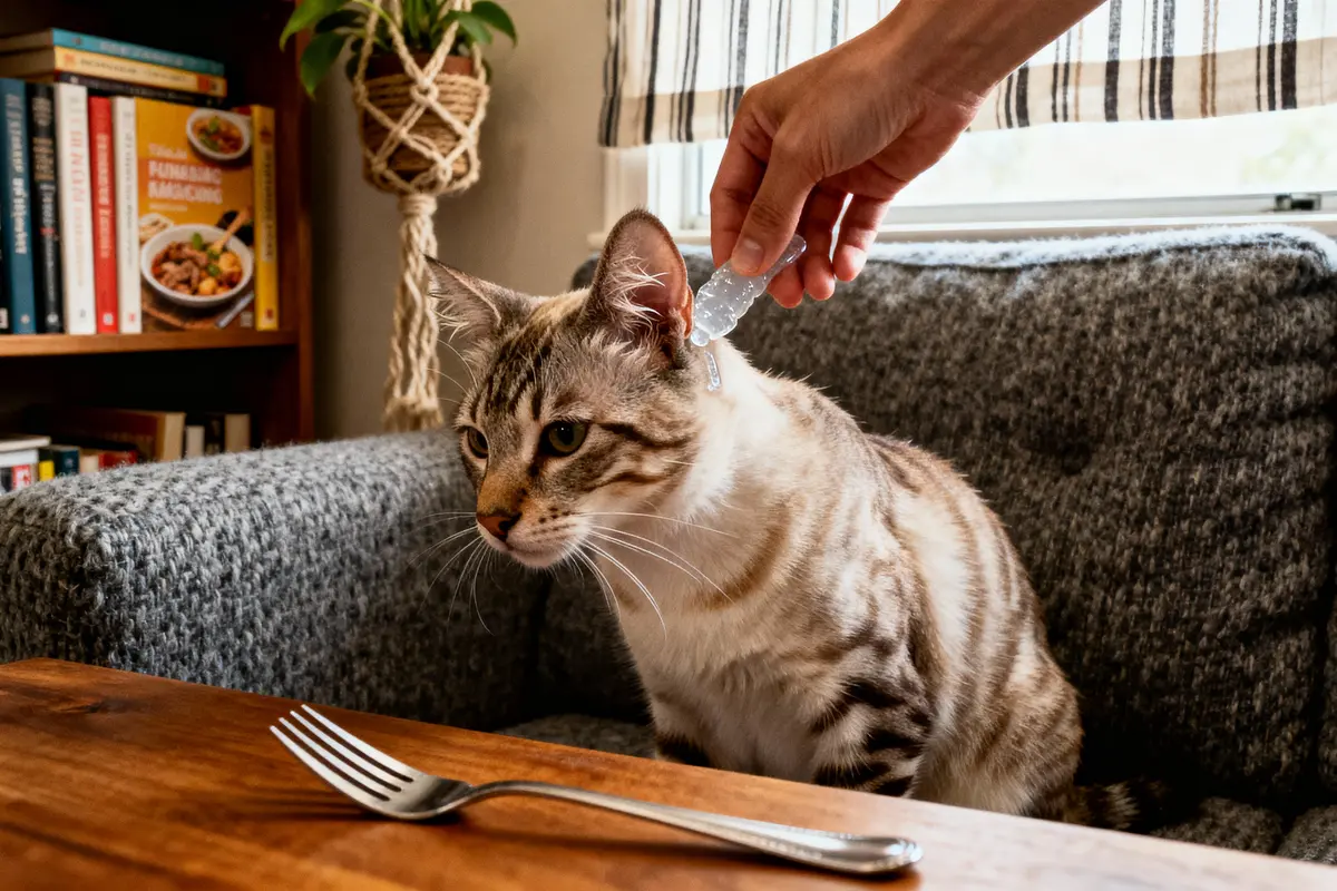 Chat tigré reçoit un traitement topique, assis sur un canapé gris, près d'une table avec une fourchette.