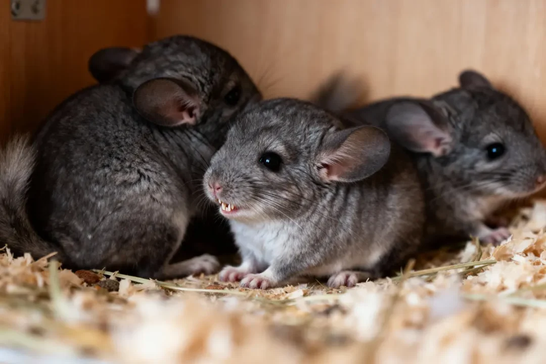 Trois chinchillas gris dans une litière de copeaux de bois, pelage épais, oreilles grandes, regard attentif.