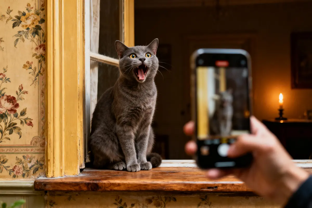 Chat gris bouche ouverte sur rebord de fenêtre, photo capturée par smartphone, intérieur éclairé par bougie.