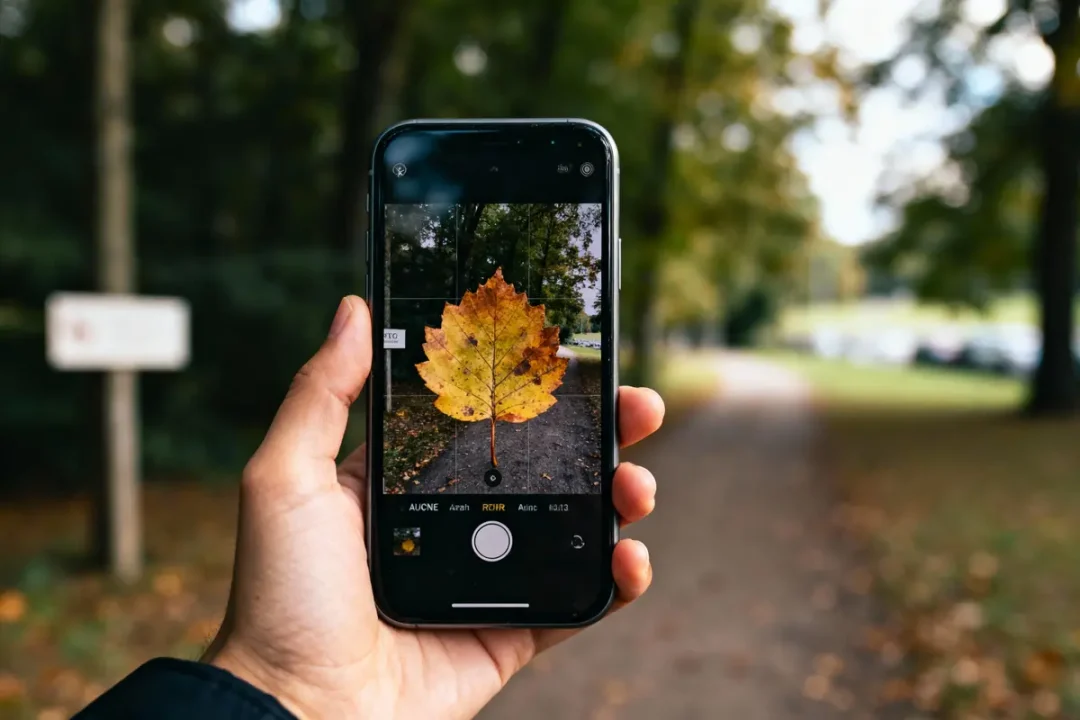 Main tenant un smartphone prenant une photo d'une feuille jaune dans un parc.