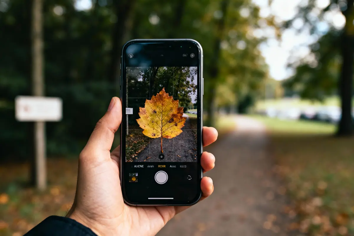 Main tenant un smartphone prenant une photo d'une feuille jaune dans un parc.