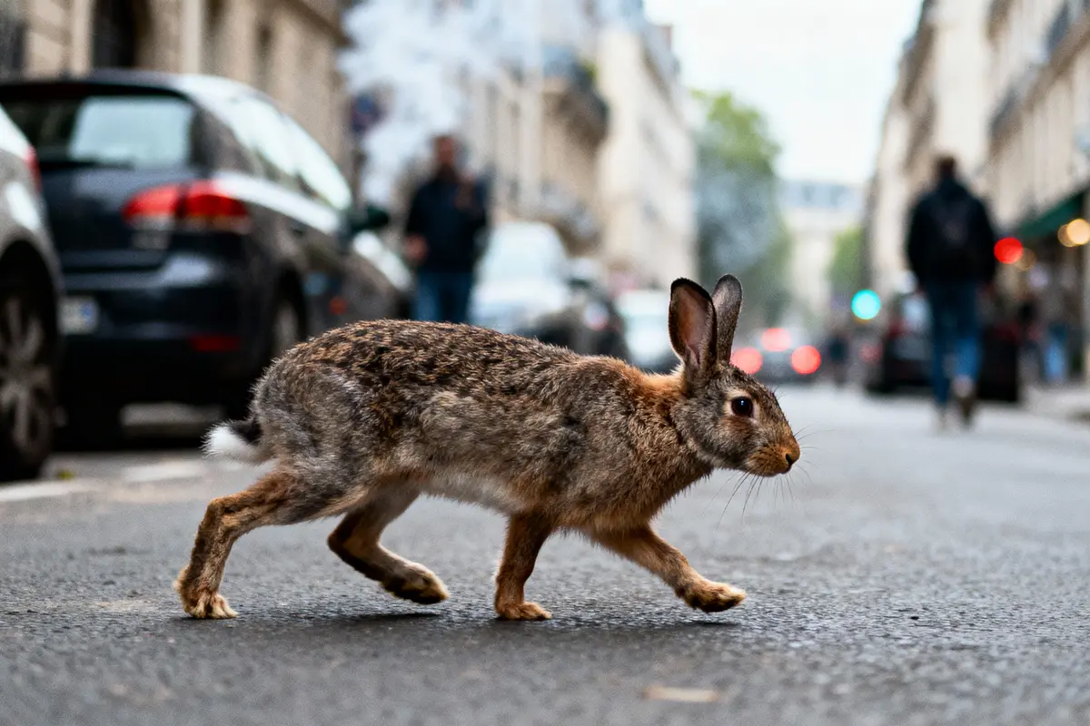 Lapin traversant une rue urbaine, voitures garées et piétons flous en arrière-plan.