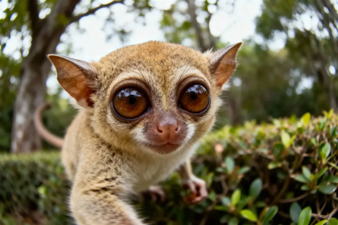 Primat aux grands yeux, dans un environnement naturel verdoyant, regardant l'objectif de près.