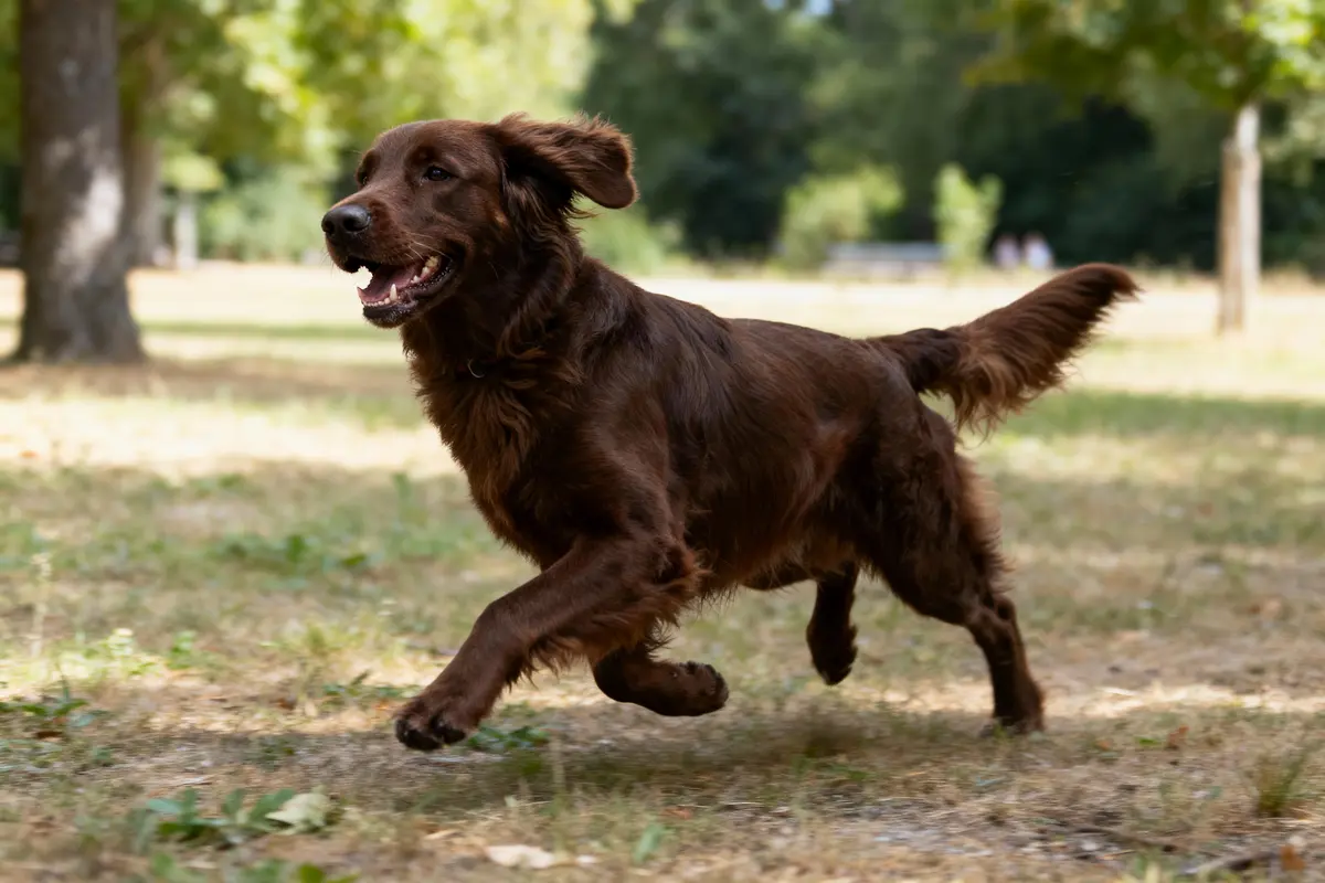 Chien brun courant joyeusement dans un parc verdoyant par une journée ensoleillée.