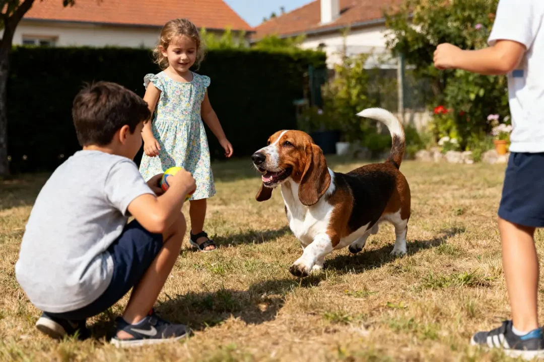 Enfants jouant avec un chien basset hound dans un jardin ensoleillé, avec une balle colorée.