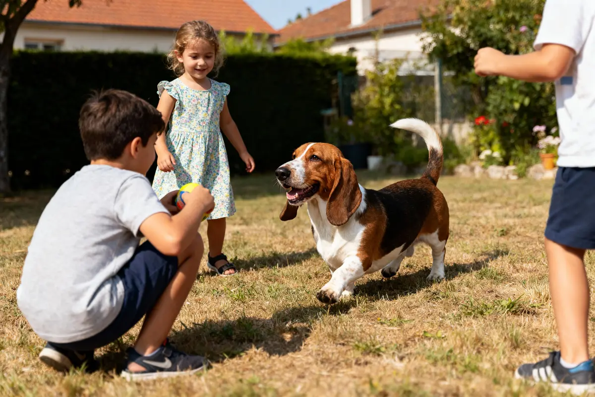 Enfants jouant avec un chien basset hound dans un jardin ensoleillé, avec une balle colorée.