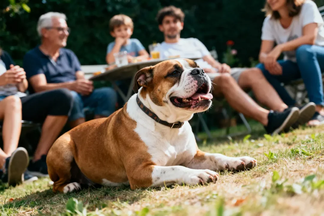 Chien allongé dans l'herbe, des gens souriants assis à l'arrière-plan. Scène de détente en plein air.
