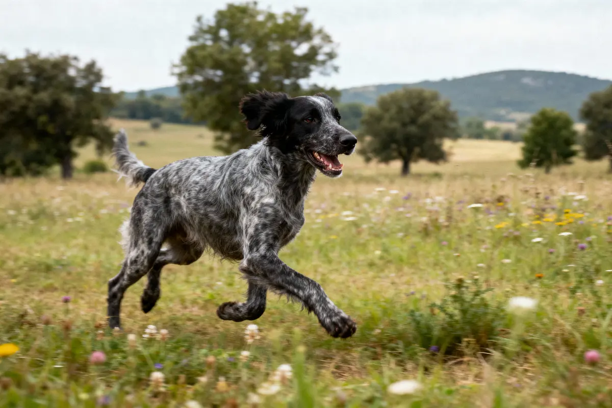 Chien noir et blanc courant joyeusement dans un champ fleuri, avec arbres et collines en arrière-plan.