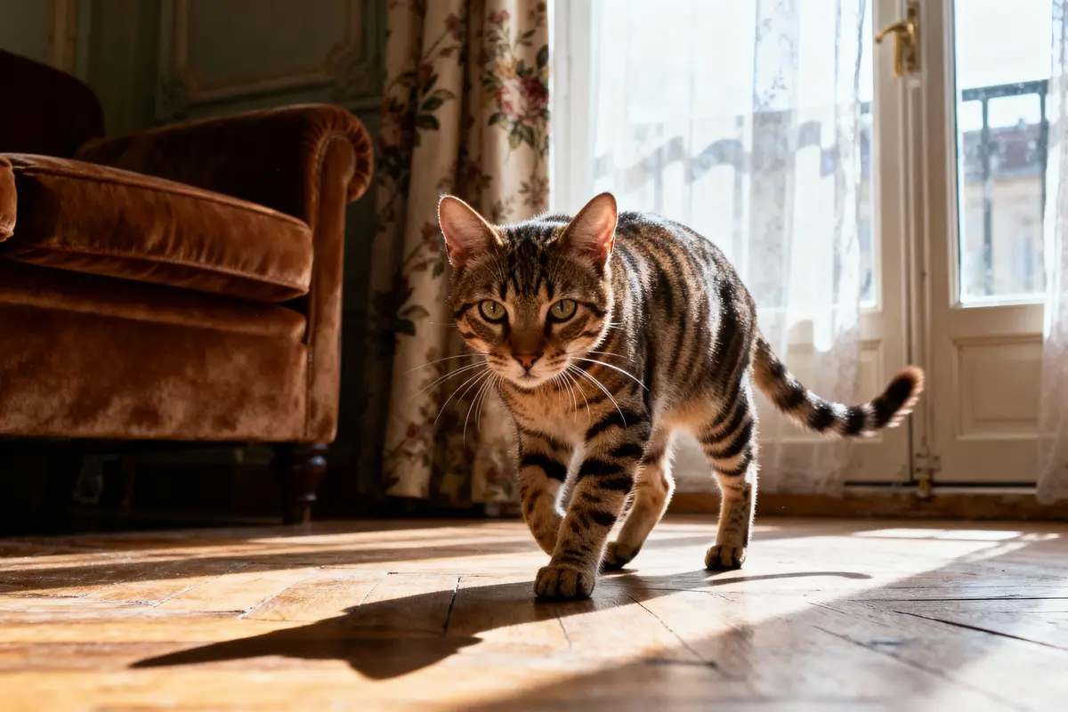Chat tigré marchant sur plancher en bois, lumière du soleil, fauteuil et rideaux en arrière-plan.