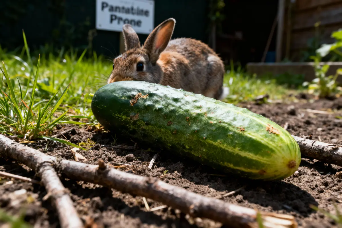 Lapin curieux dans un jardin, reniflant un grand concombre sur sol terreux, herbe verte autour.