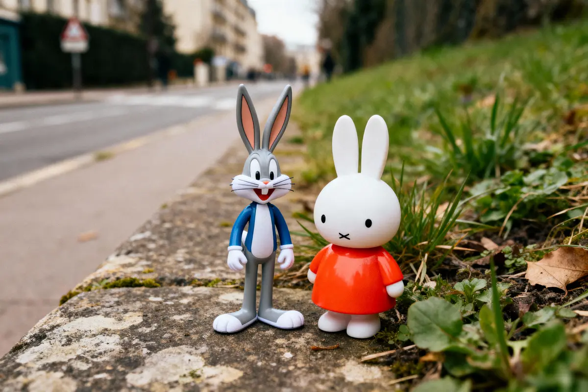 Deux figurines de lapins sur un trottoir, Bugs Bunny et Miffy, avec de l'herbe en arrière-plan.