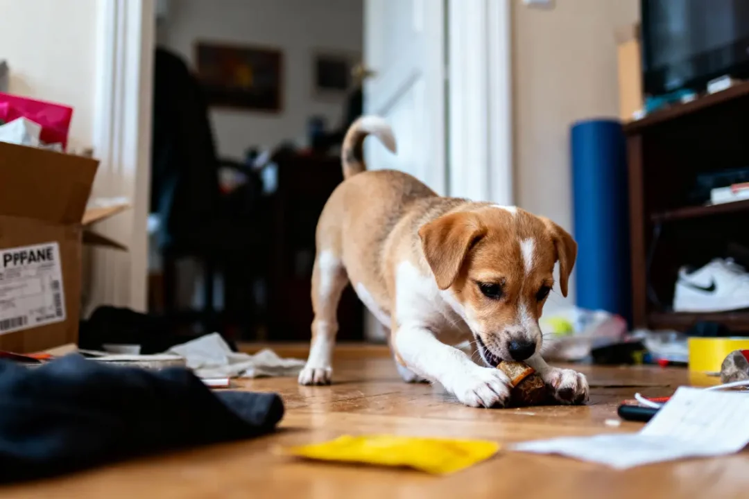 Petit chien marron et blanc mâche un objet au sol, entouré de désordre dans une pièce désordonnée.