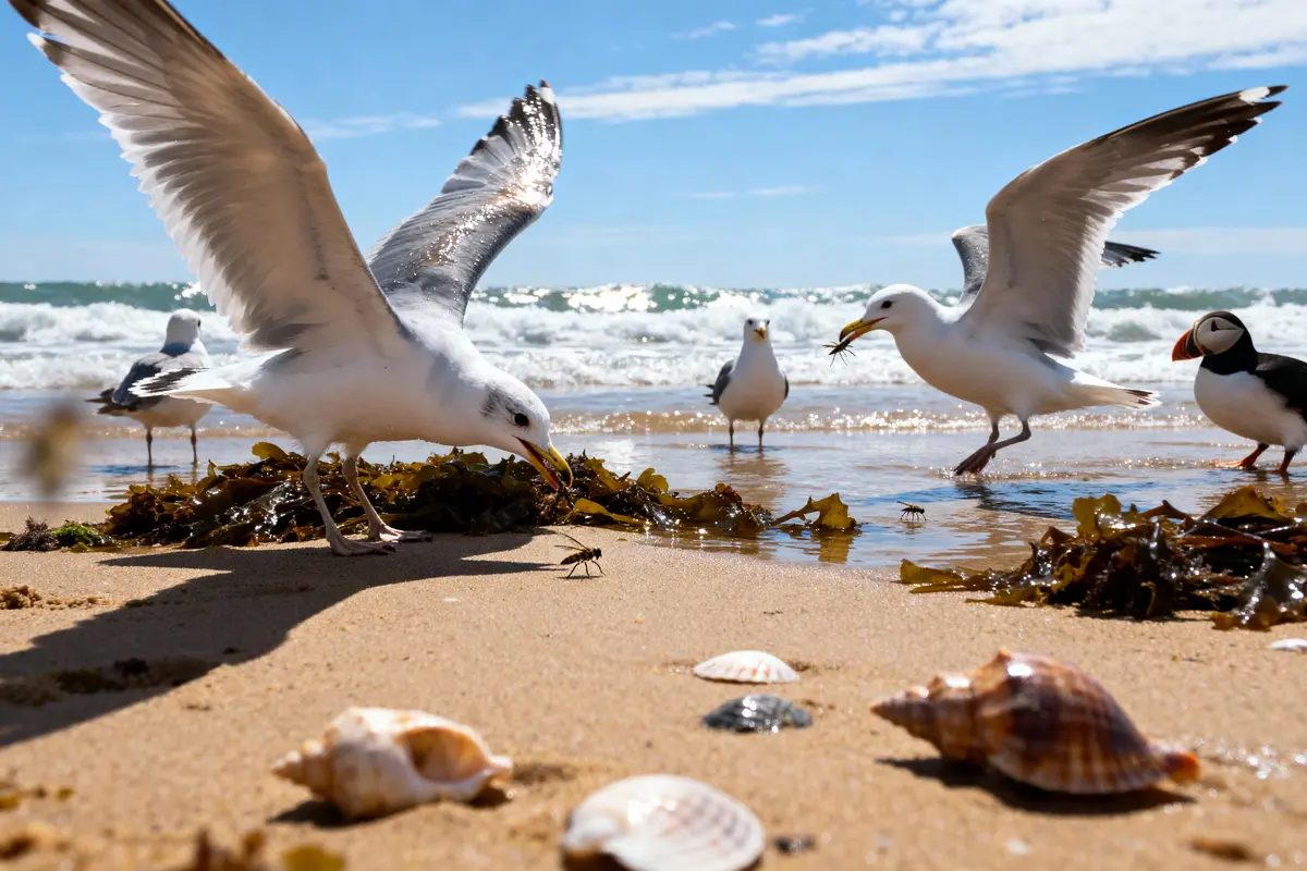 Mouettes et macareux cherchent nourriture sur plage bordée d'algues, coquillages, avec vagues en arrière-plan.