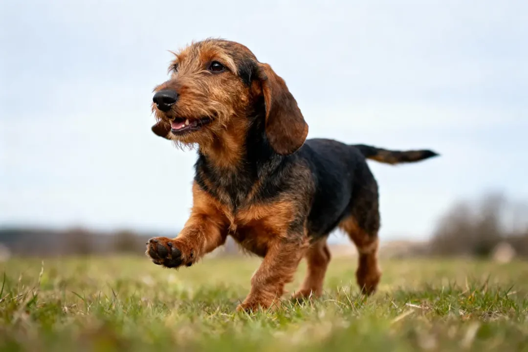 Chien à poil dur marchant sur l'herbe, ciel clair en arrière-plan.