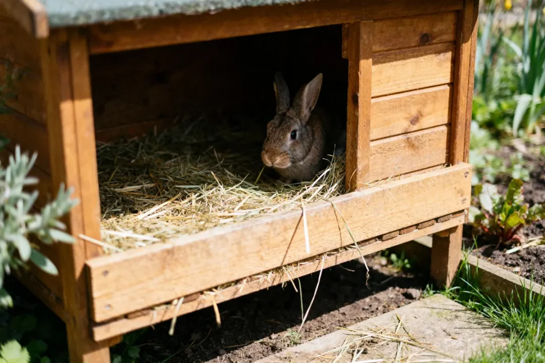 Lapin gris dans une cage en bois avec de la paille, placé à l'extérieur dans un jardin ensoleillé.
