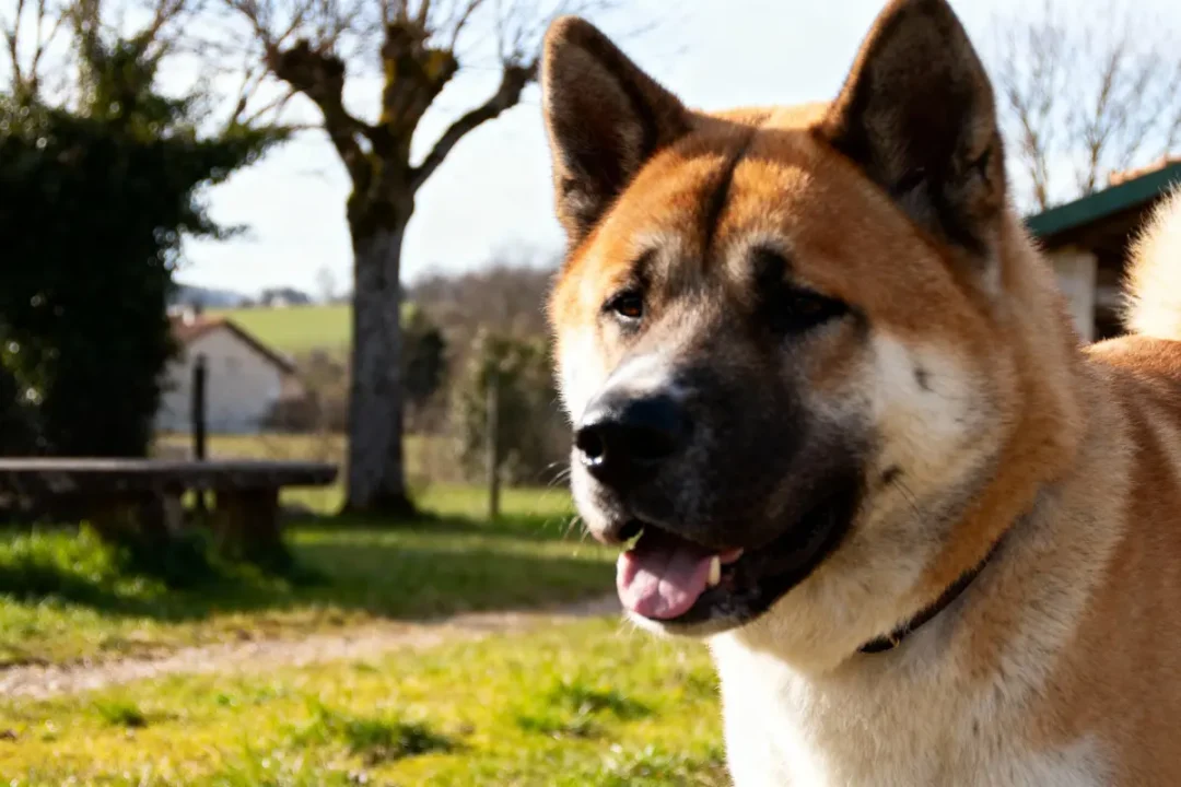 Chien marron et blanc souriant, debout dans un jardin ensoleillé avec arbres et banc en arrière-plan.