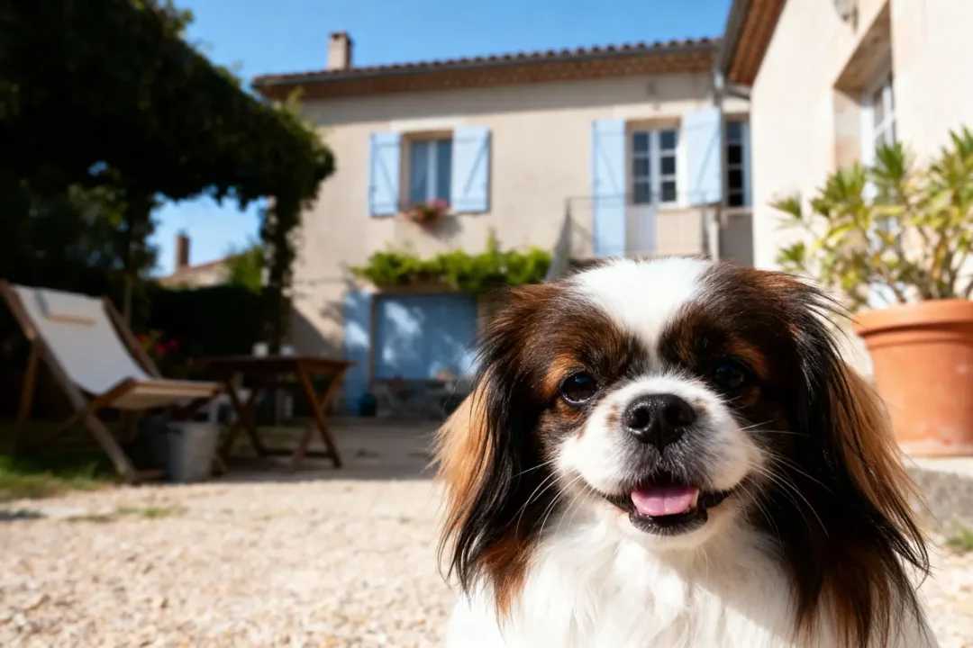 Chien mignon souriant devant une maison avec volets bleus et chaise longue dans un jardin ensoleillé.
