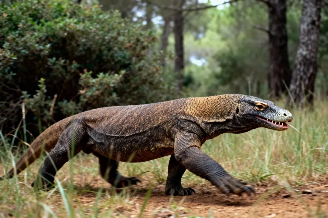 Varan de Komodo marchant dans une forêt verdoyante, entouré d'arbres et de buissons.