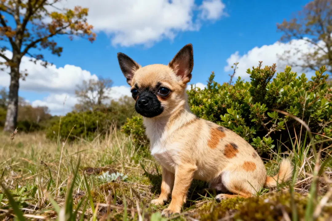 Petit chien Chihuahua assis dans l'herbe, ciel bleu et nuages en arrière-plan.