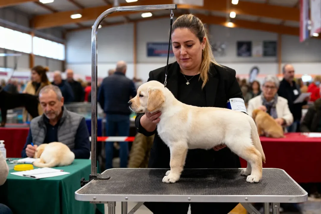 Femme présentant un chiot Labrador beige à un concours canin, avec des spectateurs en arrière-plan.