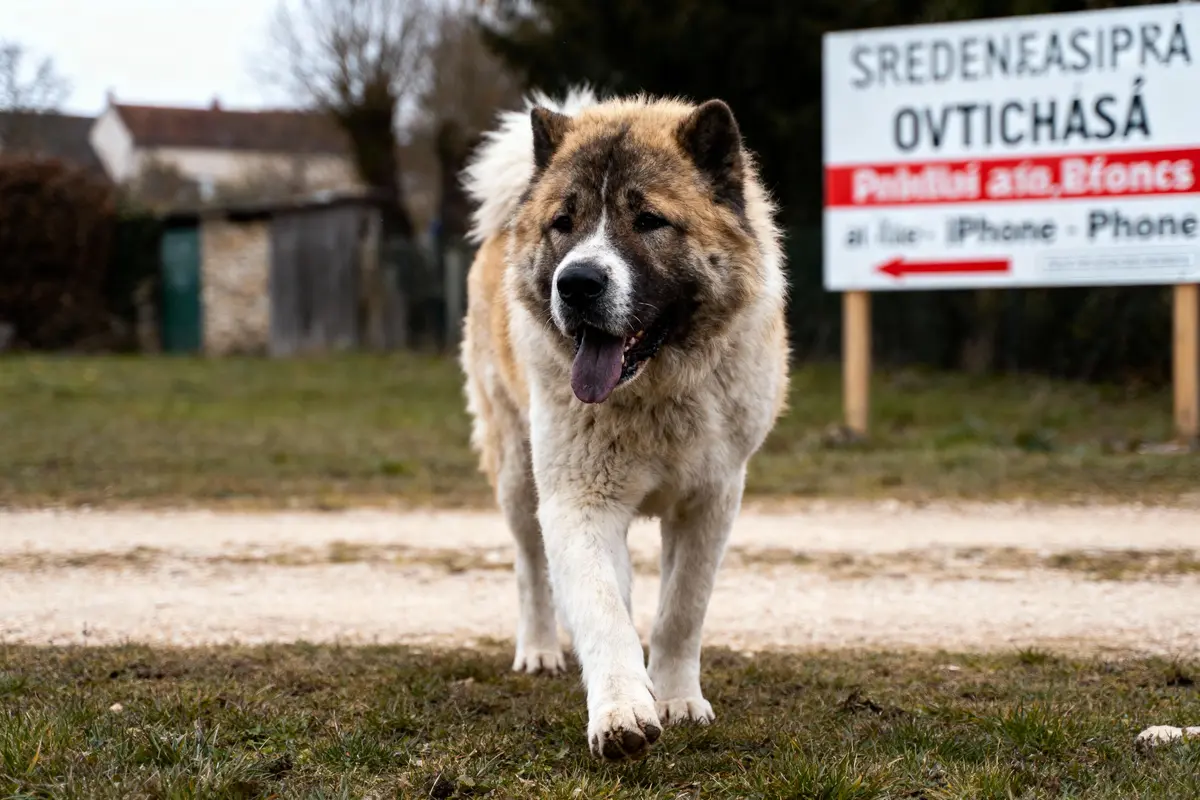 Chien pelage épais marche dehors, panneau flou en arrière-plan, journée nuageuse.