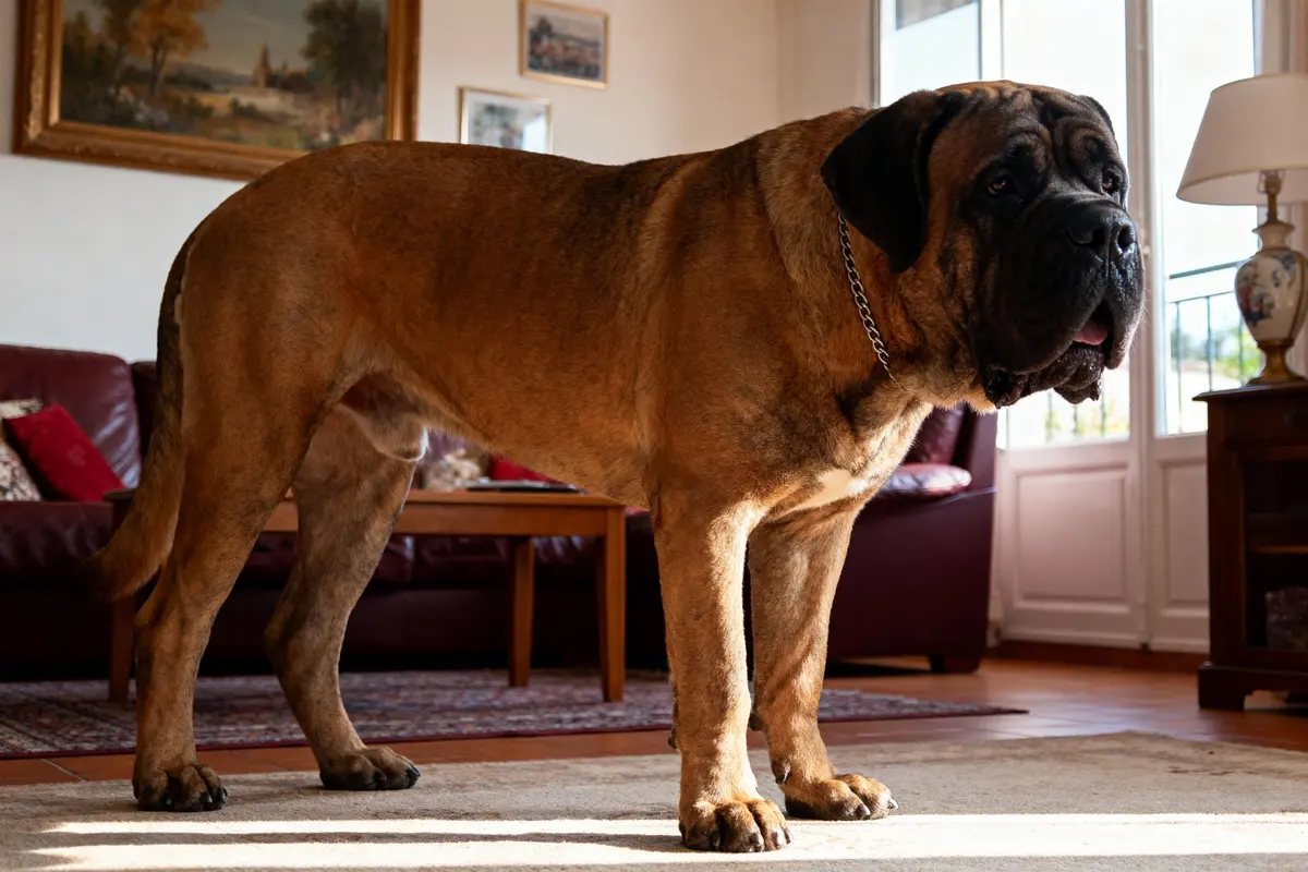Gros chien mastiff marron dans un salon, devant canapé et table basse, lumière naturelle.
