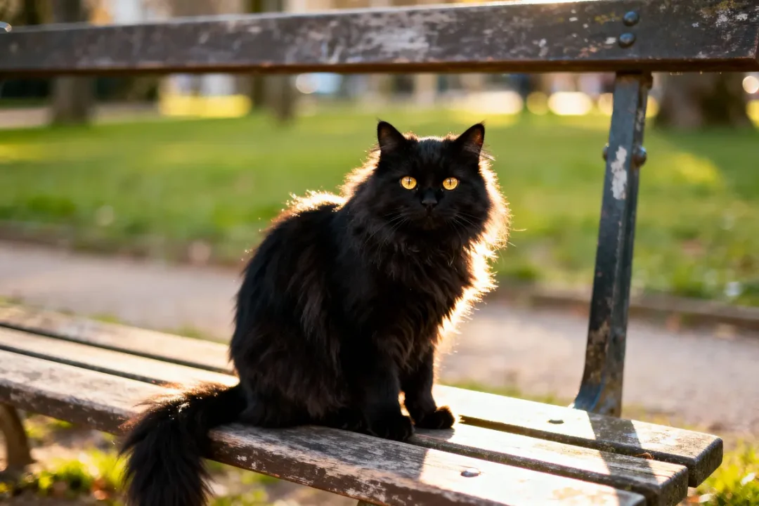 Chat noir sur un banc en bois, parc ensoleillé en arrière-plan, herbe verte.