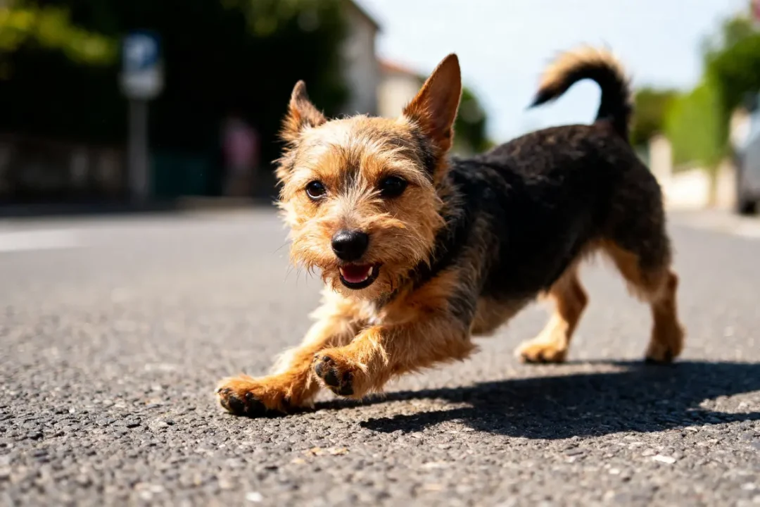 Chien terrier joyeux marchant sur une route ensoleillée, arrière-plan flou de rue et végétation.