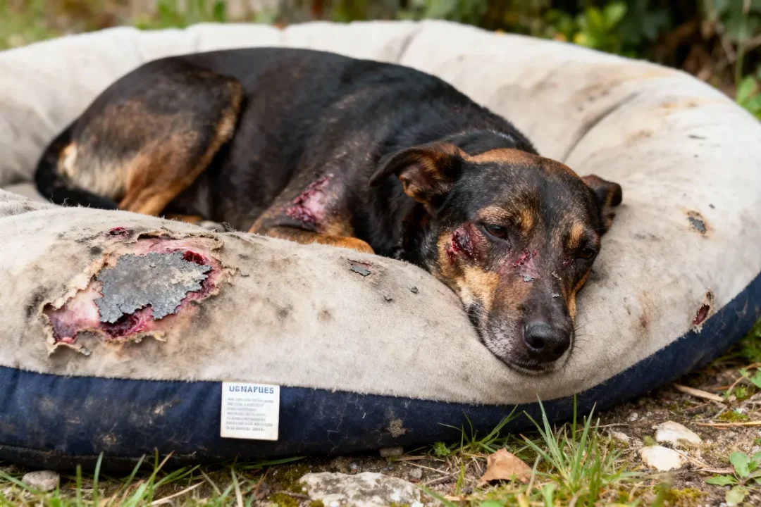 Chien couché sur coussin abîmé, avec blessures apparentes, extérieur, herbe autour.