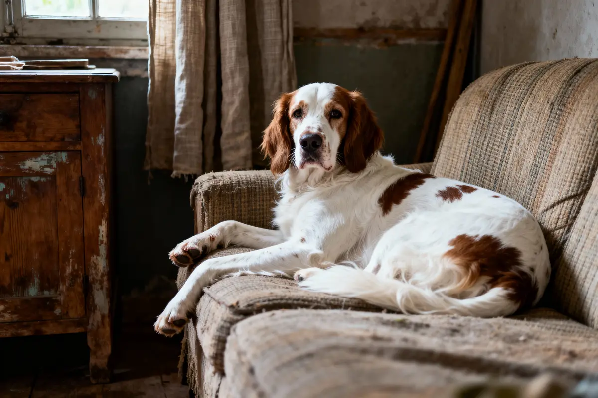 Chien blanc et marron allongé sur canapé usé dans une pièce rustique avec fenêtre et meuble en bois ancien.